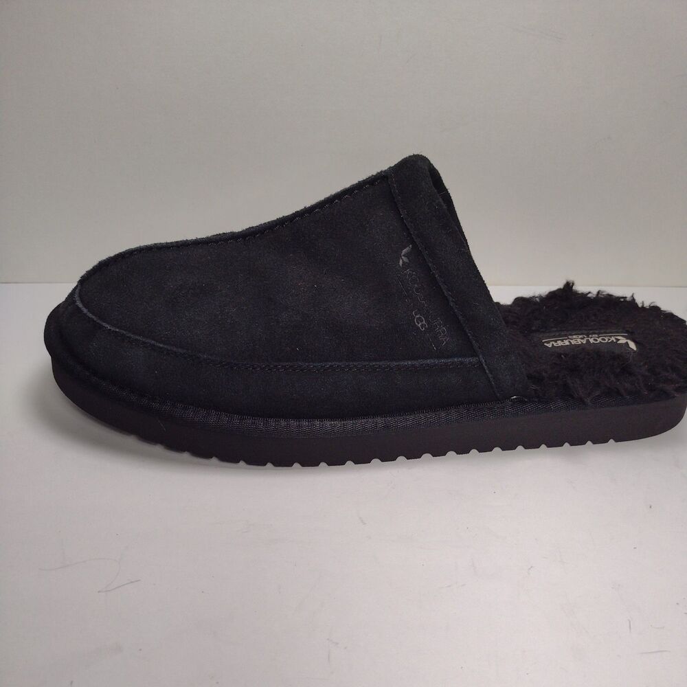 by UGG KOOLABURRA  MENS SIZE 11 BLACK   BORDON SUEDE  FUR SLIPPERS